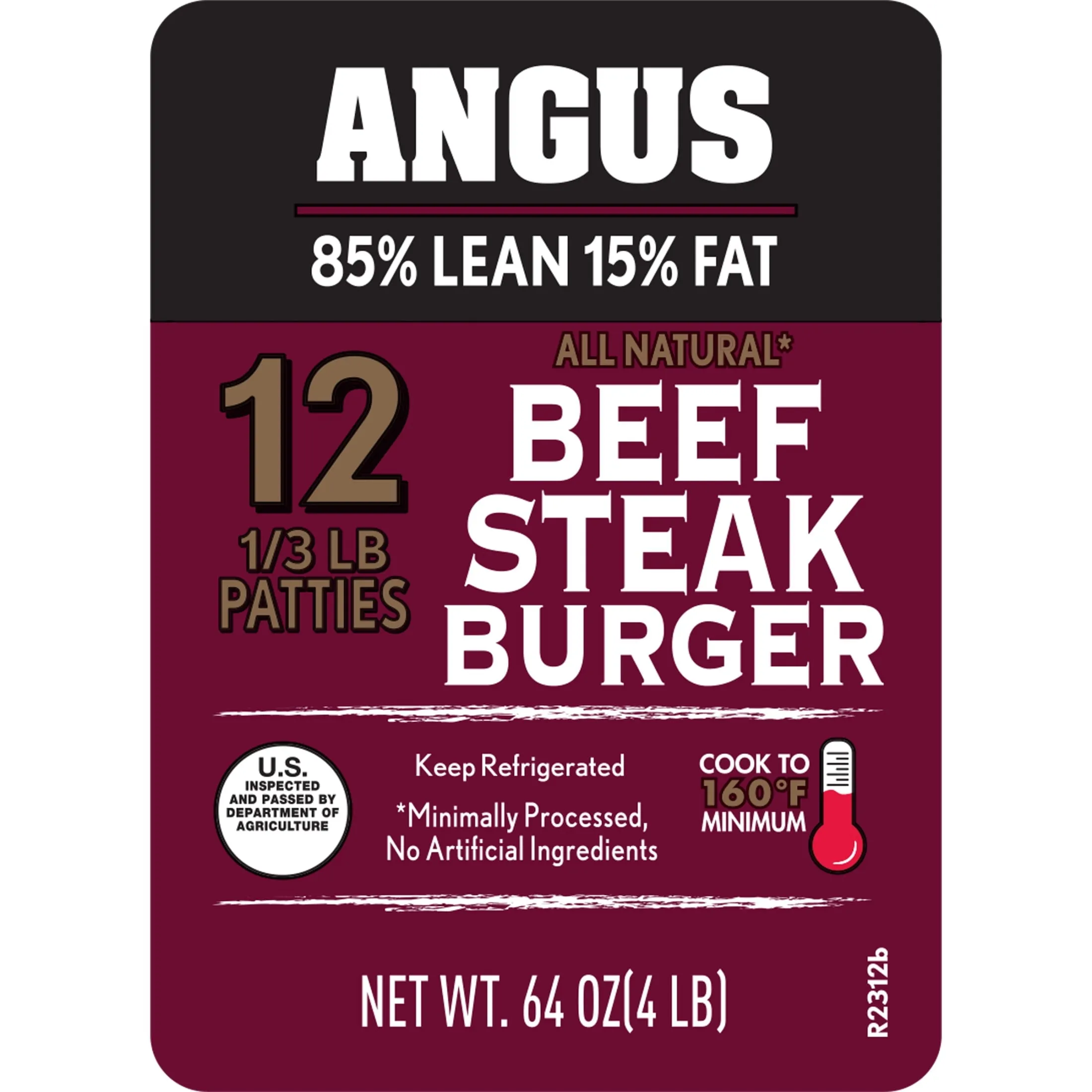 All Natural* 85% Lean/15% Fat Angus Ground Beef Steak Burgers, 12 Count, 4 lb Tray