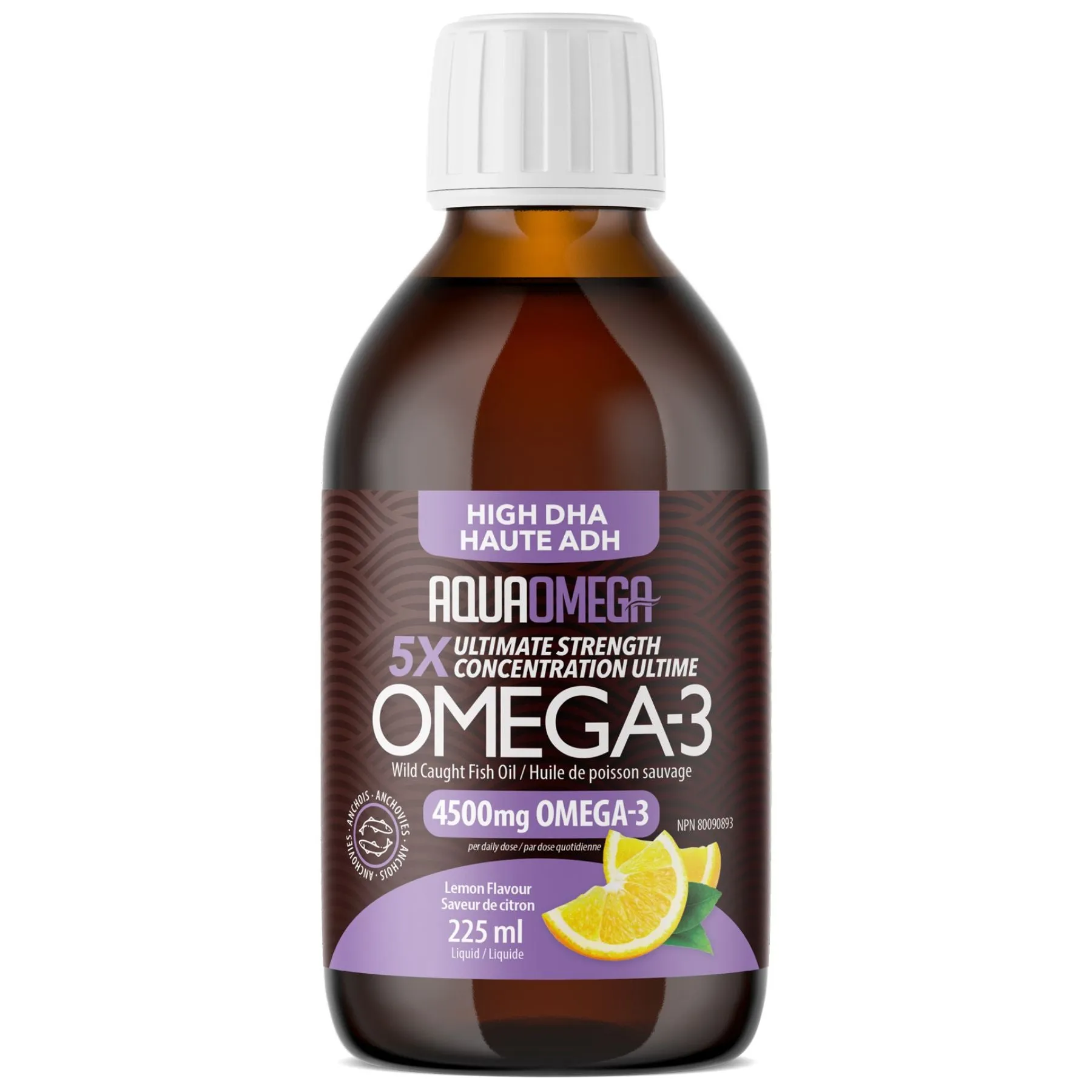 AquaOmega 5X Ultimate Strength DHA Omega-3 Lemon 225ml