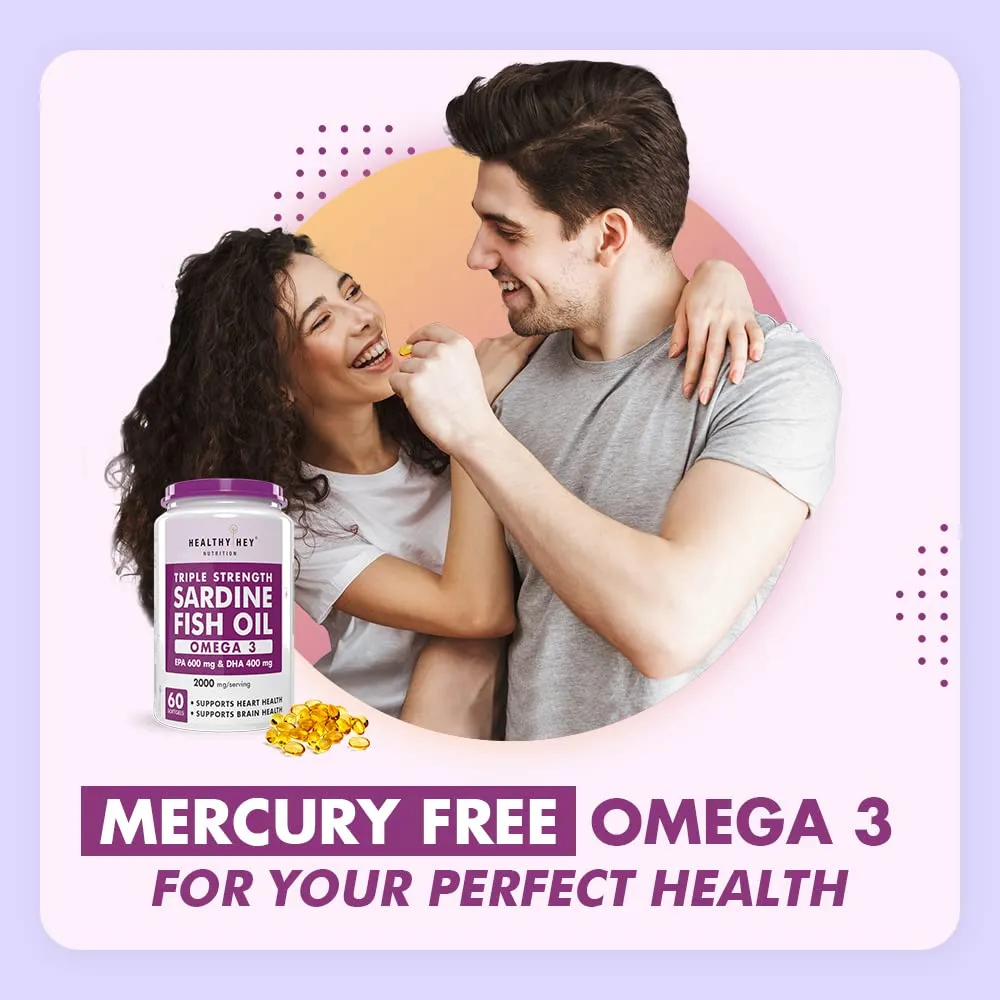 HealthyHey Nutrition Omega 3 Fish Oil | Omega 3 Fish Oil Capsules For Women and Men | Triple Strength Fish Oil | Burpless, EPA 600 - DHA 400 Supplement, 60 Softgel Capsules