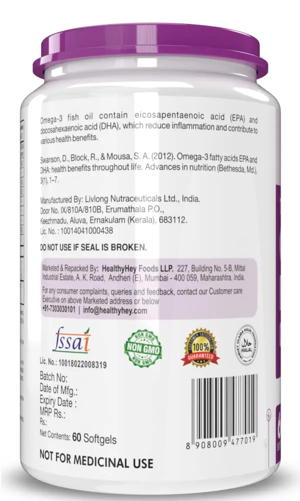 HealthyHey Nutrition Omega 3 Fish Oil | Omega 3 Fish Oil Capsules For Women and Men | Triple Strength Fish Oil | Burpless, EPA 600 - DHA 400 Supplement, 60 Softgel Capsules